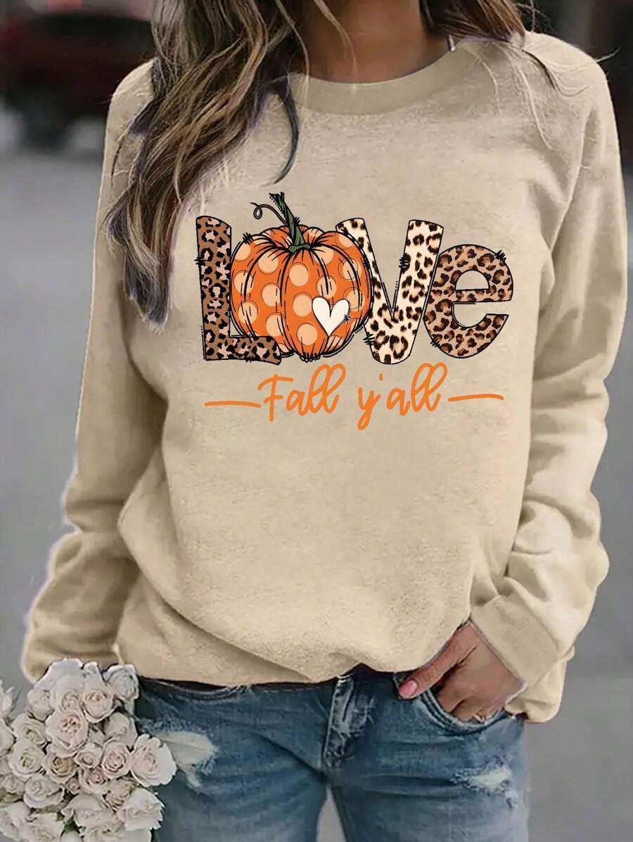 SHEIN LUNE 女士休闲南瓜与字母印花宽松圆领长袖运动衫，秋冬 - 杏色 - 查看 1