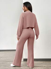 SHEIN EZwear 秋冬女士休闲纯色长袖针织开衫2件套毛衣套装 - 粉色 - 查看 2