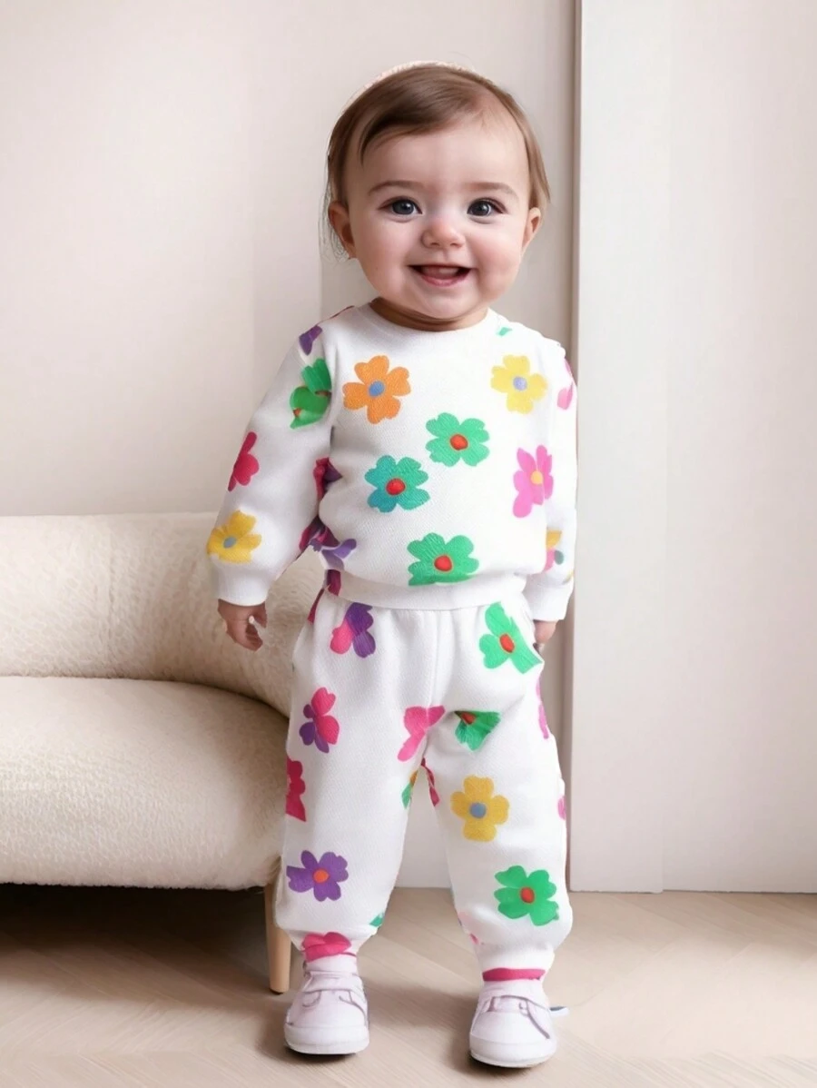 Conjunto de 2 piezas con estampado floral en toda la prenda para bebé y niña pequeña - Blanco - Ver 1