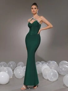 Modphy 浅蓝色性感单肩钻石美人鱼系带长裙，适合女士正式晚宴、婚礼、节日、圣诞派对及其他场合。