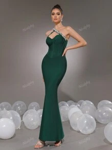 Modphy Vestido asimétrico sexy de cuello verde con brillos, vestido largo formal de mujer para noche, boda, fiesta y vestido de invitada de boda