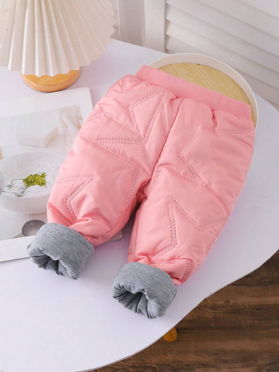 Baby Girl Star Pattern Embroidered Reversible Thermal Lined Casual Pants, For Fall/Winter - Black - View 1