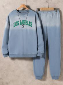 2 件套复古水洗针织运动衫和运动裤套装，适合青少年男孩 - 藍色 - 查看 1