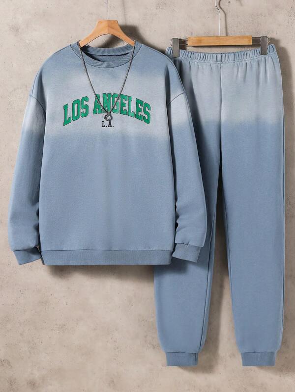 2pcs Vintage Washed Knitted Sweatshirt And Sweatpants Set For Teenage Boys