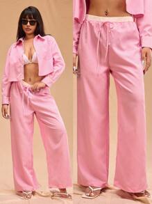 Forever 21 Plus Women's Fashionable Pink Striped Waist Elastic Drawstring Pants - Baby Pink - View 2
