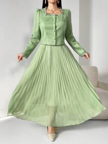 Modelyn 2 件女式方领长袖上衣和裙子套装 - 綠色 - 查看 7