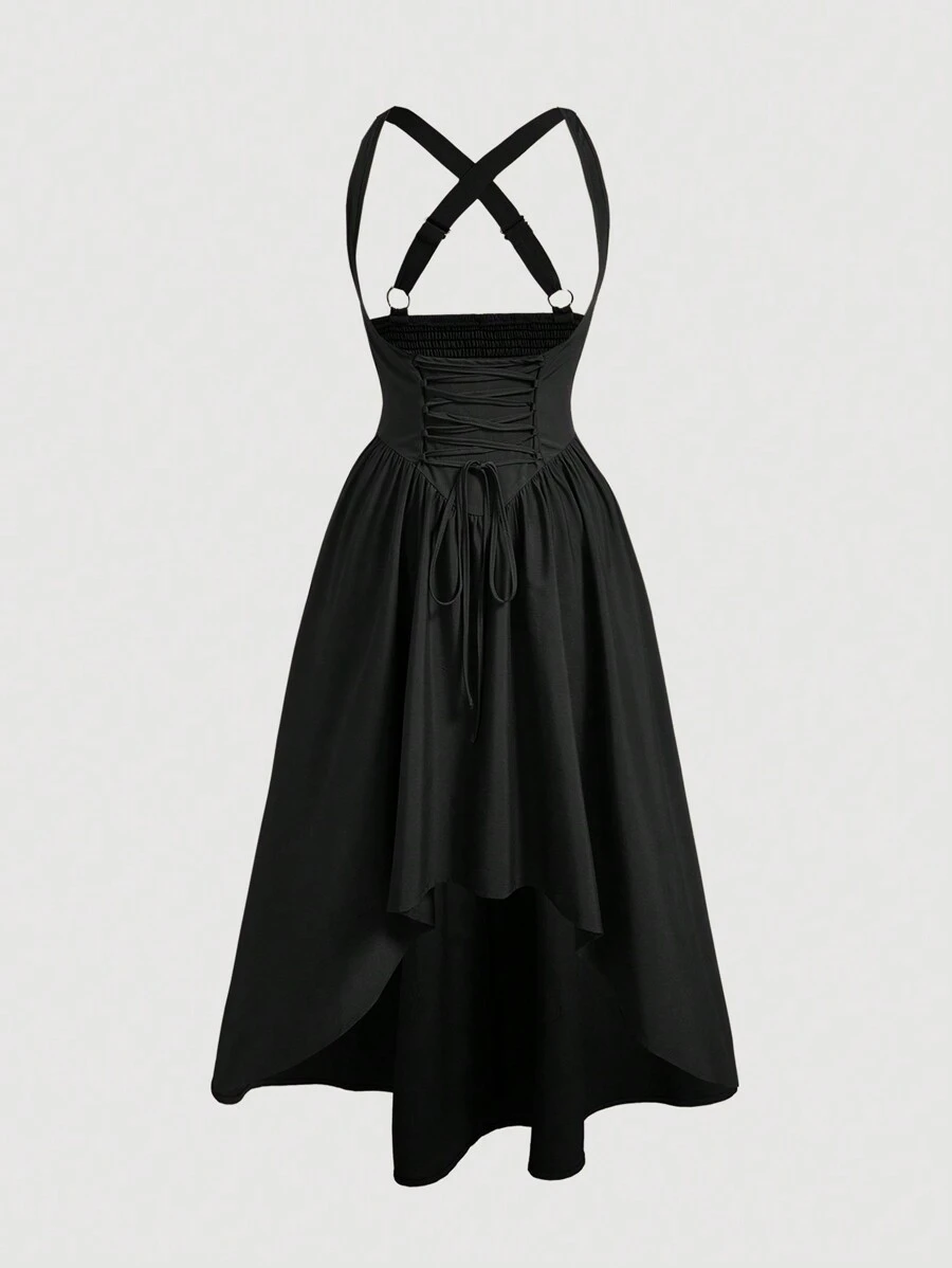 SHEIN MOD 加大码挤奶女工连衣裙扣腰高腰低腰女式连衣裙 - 黑色 - 查看 1