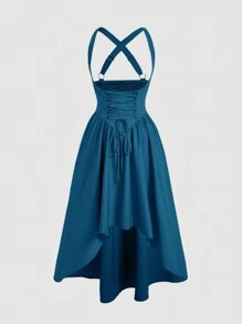 SHEIN MOD Vestido de campesina talla grande con cinturón ajustable en la cintura y detalle de lazo en la parte delantera, bajo largo - Agua verde azul - Ver 1