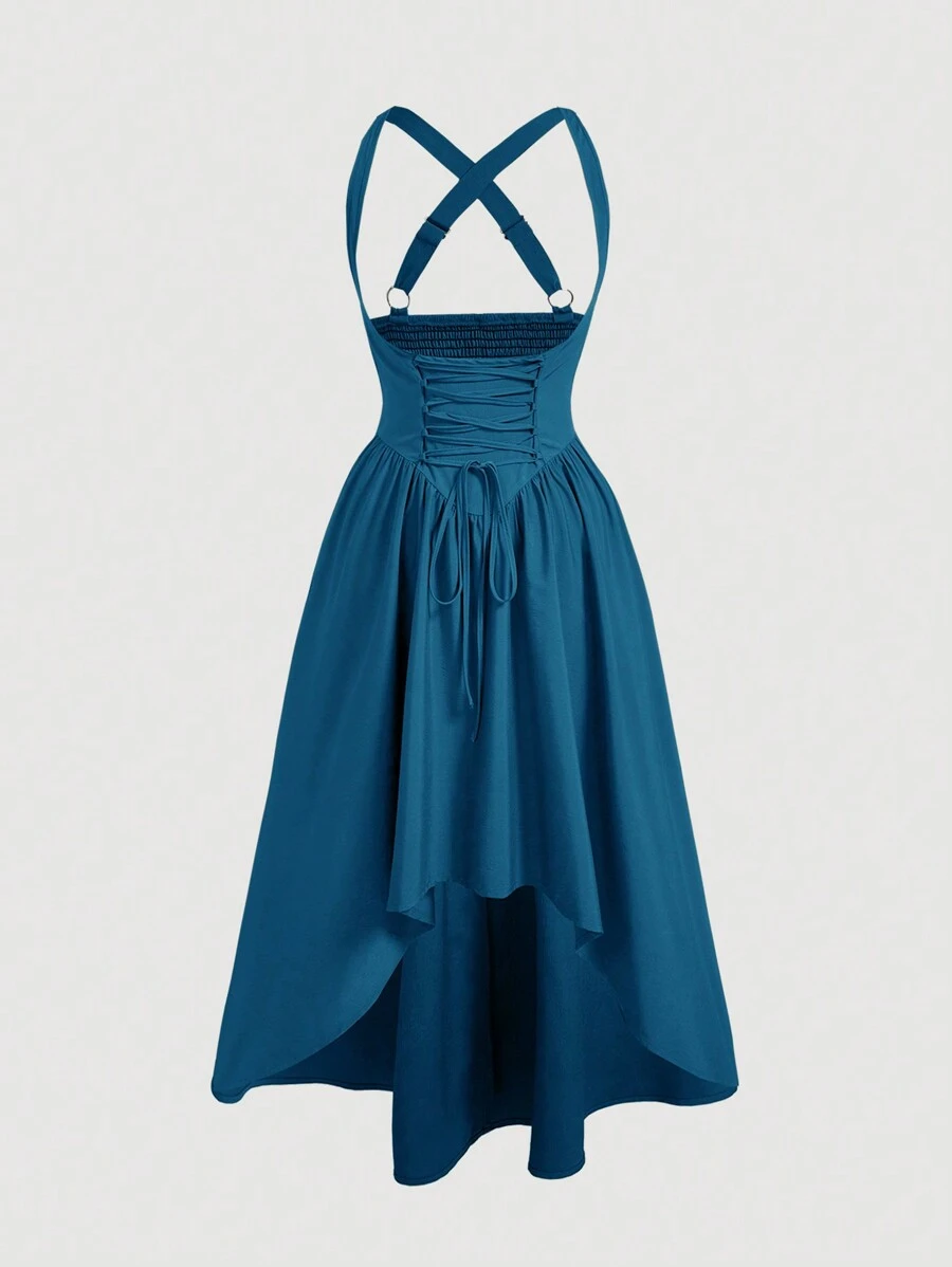 SHEIN MOD Vestido de campesina talla grande con cinturón ajustable en la cintura y detalle de lazo en la parte delantera, bajo largo - Agua verde azul - Ver 1