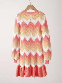 Tween Girl Wavy Lines Color Block Knit Sweater Midi Dress,Pink And White,Autumn,Boho,Family Matching Ruffle Trim Elastic Texture Casual School Fashion - Coral Orange - View 2