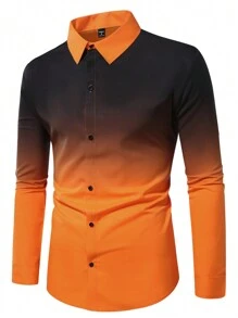 Manfinity Mode Ombre Front Button Casual Long Sleeve Shirt, Orange Dress Shirt Men, Black And Orange Shirt Men, Men Dress Shirt, Men Fashion Shirt, For Fall - Multicolor - View 5