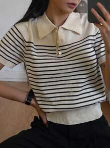 DAZY Suéter de punto de manga corta casual con rayas de contraste para mujer, otoño - Albaricoque - Ver 5