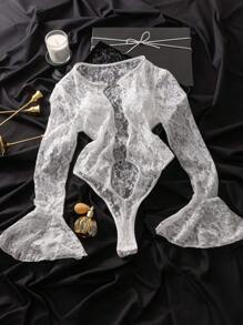 Women Sexy White Lace Cut Out Long Sleeve Lingerie Bodysuit Bridal Look, - White - View 6