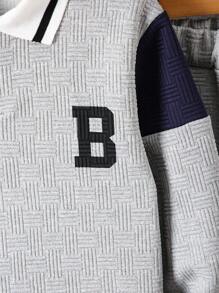 2 件 Tween 男童撞色拼布 Polo 衫和长裤两件套，秋冬