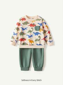 Cozy Pixies 男婴 2 件套卡通恐龙针织柔软圆领运动衫和慢跑裤套装 - 綠色 - 查看 3