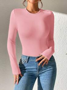 SHEIN PETITE Solid Slim Fit Spring Women Bodysuit - Pink - View 7