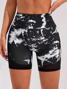 Quần short thể thao cạp cao thời trang giản dị, kéo dài chân, nâng mông, có túi đựng điện thoại, họa tiết hoa đen trắng có lưới - màu đen - Xem 5