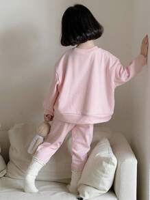 Dazy Kids 2pcs/Set Young Girl Round Neck Letter Knit Fleece Sweatshirt And Leggings, Fall Outfit, Winter - Pink - View 2