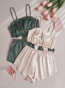 4pcs Set: Faux Silk Backless Bow Tube Top And Color Block Shorts - Multicolor - View 1
