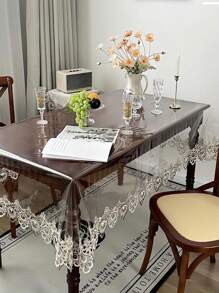 1 pièce Nappe avec bordure en dentelle transparente, couverture de table rectangle moderne en PVC imperméable oléofuge et anti-poussière, convient pour table à manger, table basse, décoration domestique quotidienne, événements, fêtes, mariages - Transparent - Voir 4