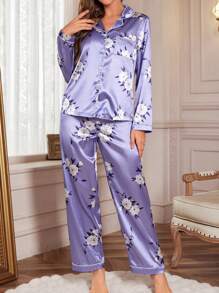 Women's Floral Print Long Sleeve Pajama Set, Fall Winter Clothes - Multicolor - View 6