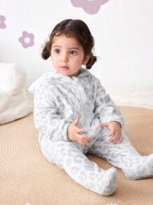 新生女宝宝舒适保暖连帽连体衣，豹纹印花，秋冬季 - 白色 - 查看 4