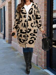 SHEIN Plus Size Women's Leopard Print Long Sleeve Cardigan, For Winter Fall Cloth For Women - Multicolor - View 4