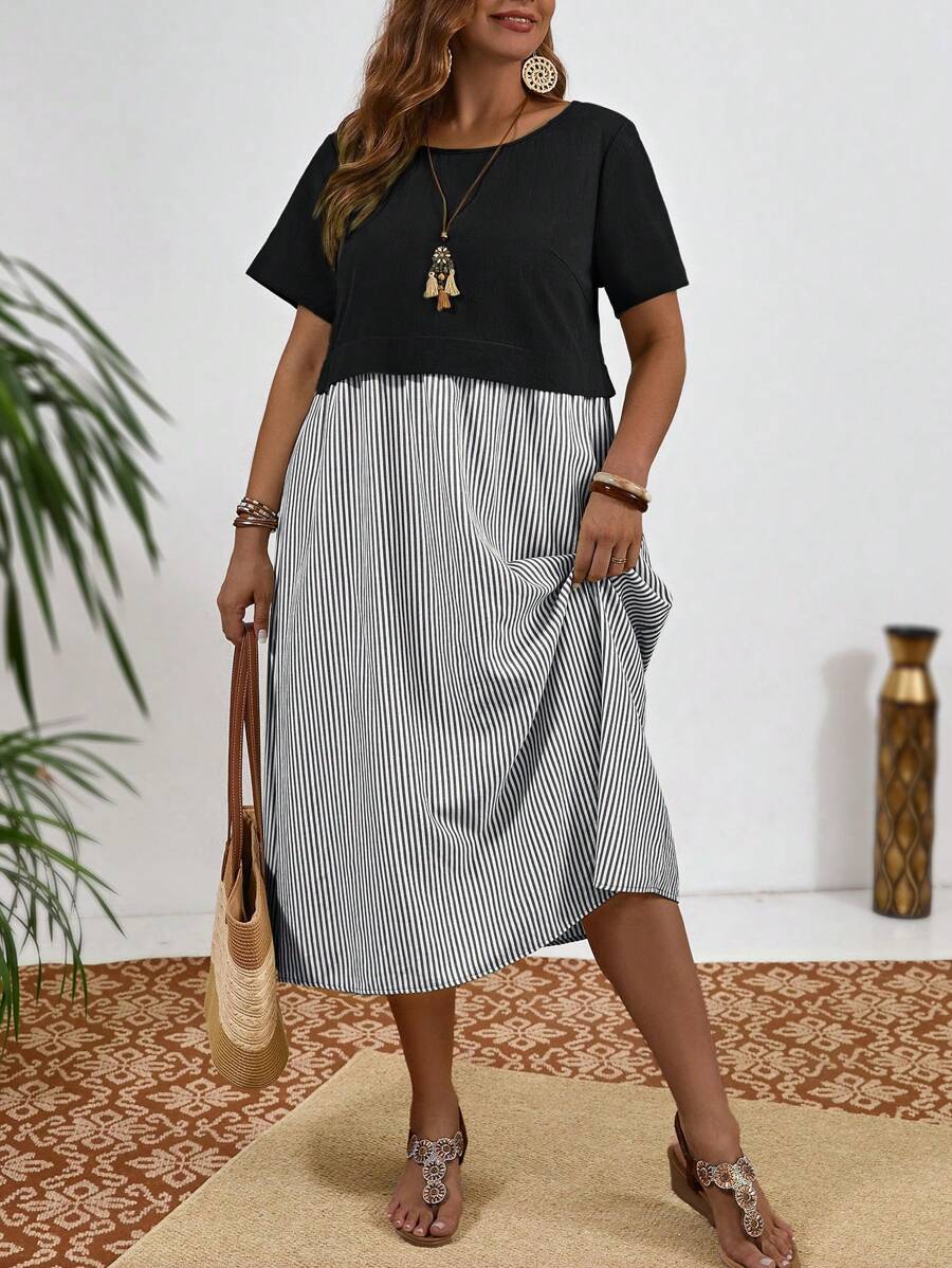 EMERY ROSE 大码夏季连衣裙乡村连衣裙拼色圆领短袖条纹女式夏季连衣裙 - 黑色 - 查看 1