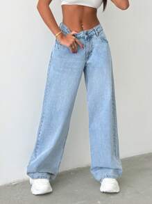 RueChic Women Rigid Belt Detailed Wide Leg Baggy Jeans - Medium Wash - View 3