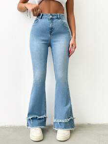 Cottnline Quần Jeans Ống Loe Lưng Cao Có Viền Rách 97% Cotton - Rửa nhẹ - Xem 6