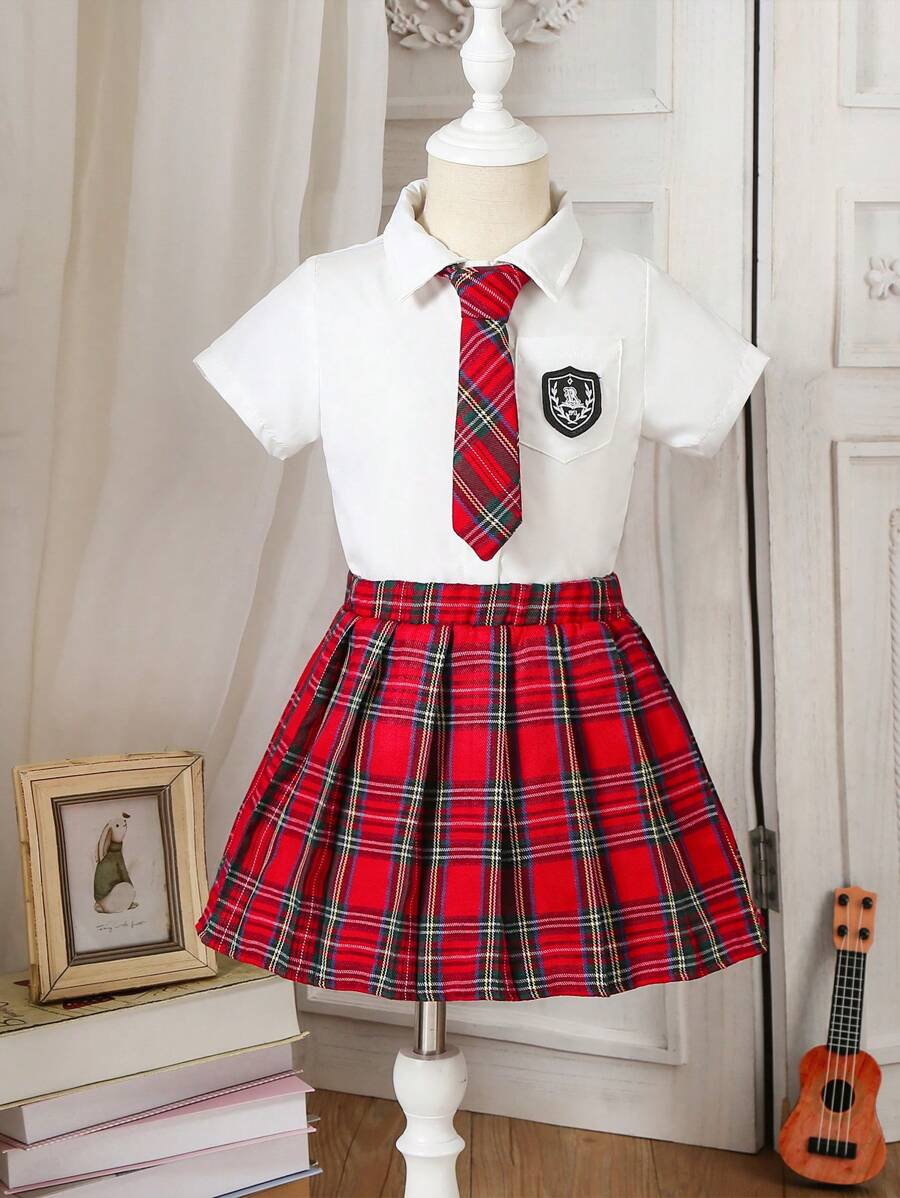 SHEIN 2 piezas Conjunto informal de niña con blusa y falda a cuadros, temporada de vuelta al colegio - Rojo - Ver 1