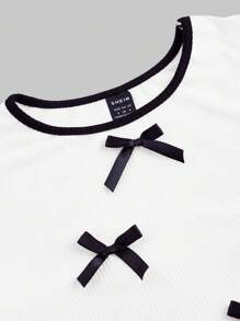 SHEIN Leap Crew Young Girl Sweet Cropped T-Shirt With Solid Color Bow Decor - White - View 3