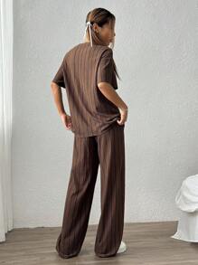 SHEIN EZwear 女士条纹宽松T恤和裤子套装 - 棕色 - 查看 2