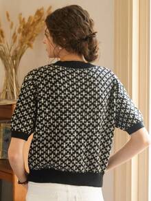 Knit Mix 优雅女士春夏时尚日常居家休闲通勤气质法式针织撞色图案短袖圆领罗纹边宽松套头T恤上衣，基础款返校复古春夏情侣装 - 黑色 - 查看 3