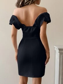 EURMUSE Elegant Dress With 3D Flower Design, Ruffle Hem, Off Shoulder - Black - View 2