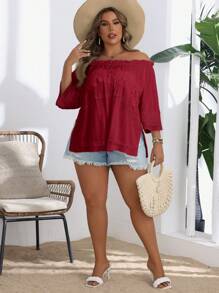 SHEIN VCAY 大码纯色露肩撞色蕾丝荷叶边下摆休闲度假衬衫 - 酒紅色 - 查看 6