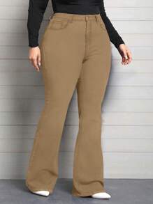 EMERY ROSE 大码女式弹力喇叭裤，带口袋，休闲牛仔裤 - 卡其色 - 查看 3