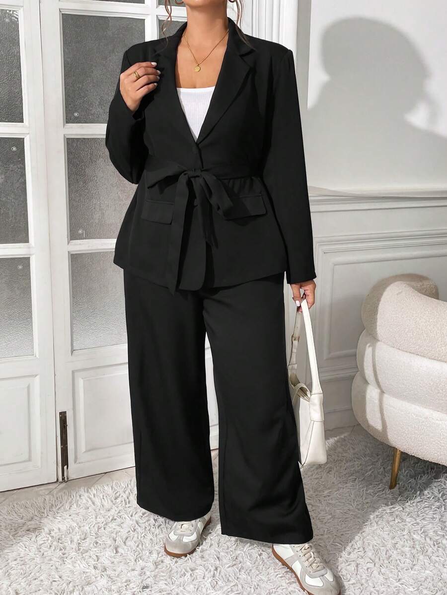 SHEIN Essnce 大码女士西装，黑色西装，西装套装，女士服装套装，女士秋季套装，女士裤装，女士套装秋季套装，秋季两件套，女士西装外套 - 黑色 - 查看 1