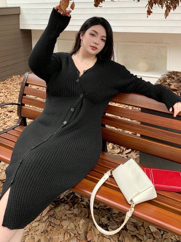 Dazy Plus Plus Size Solid Color V-Neck Knitted Sweater Dress, For Winter,Fall Clothes