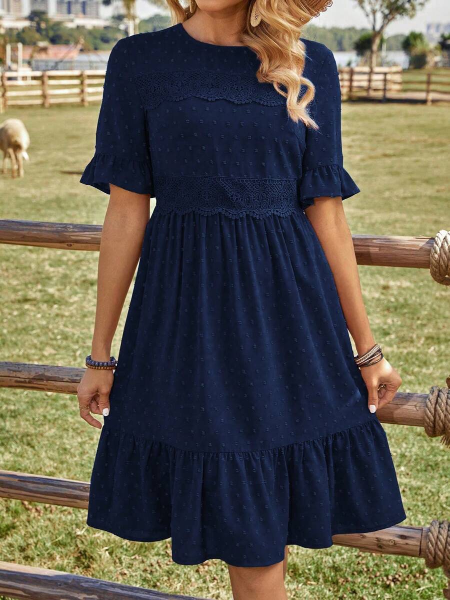 EMERY ROSE Women Plain Simple Round Neck Short Sleeve Casual Dress - Navy Blue - View 1