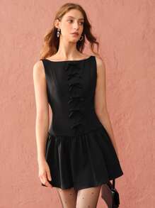 Enchnt Autumn Fashionable Women's Elegant Bow Decor  Black  Princess Dress