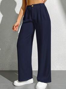 SHEIN PETITE Women's Solid Color Wide Leg Long Pants, Commute Style - Navy Blue - View 3