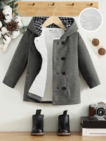 SHEIN Chaqueta con capucha y doble botonadura de estilo universitario oversize para niño joven