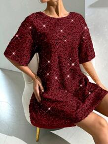 Zolique Đầm ngắn hở lưng trang trí sequin cổ chữ V đơn giản - Màu Đỏ Sâu - Xem 6