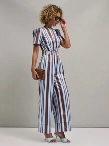 SHEIN Unity Ladies Contrast Color Striped Printed Casual Short Sleeve Jumpsuit - Multicolor - View 3