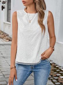 Breezaya Áo cánh không tay cổ tròn thêu rỗng màu trơn cho nữ, mùa hè - trắng - Xem 5