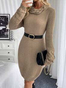 Chiquease Langarm Strickkleid mit Schlaufenkragen, figurbetontes Strick Kleid, lässiger Herbst/Winter-Stil