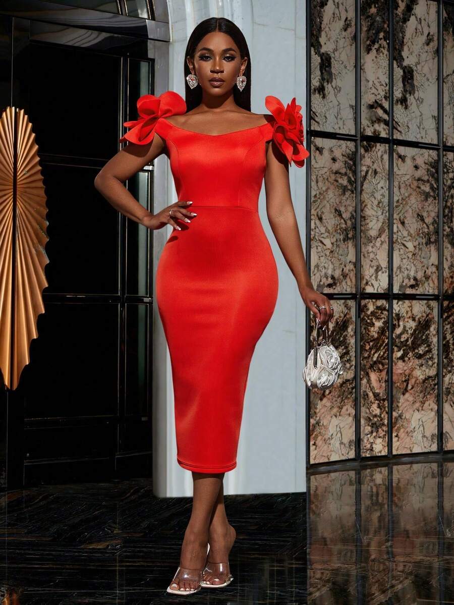 Faeriesty Stereo Flower Off Shoulder Party Dress - Orange - View 1