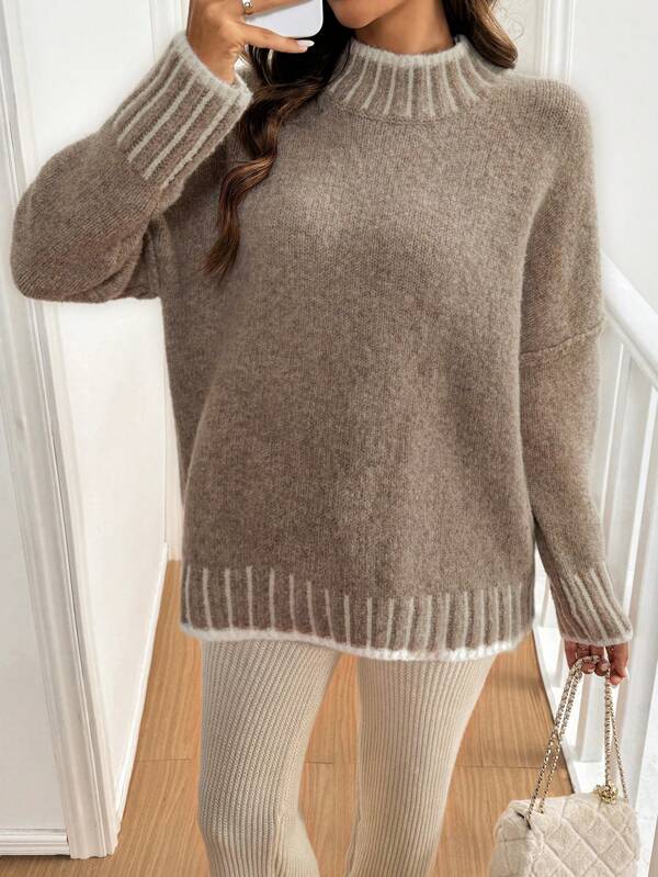 SHEIN Frenchy Damen Stehkragen lässiger Oversized Farbblock Pullover, Herbst Winter warm Langarm, Rundhals Pullover mit Dropped Shoulder, Dreiviertel Ärmel Oberteil