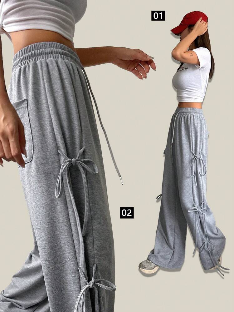 Women Solid Tie Bow Wide Leg Sweatpants